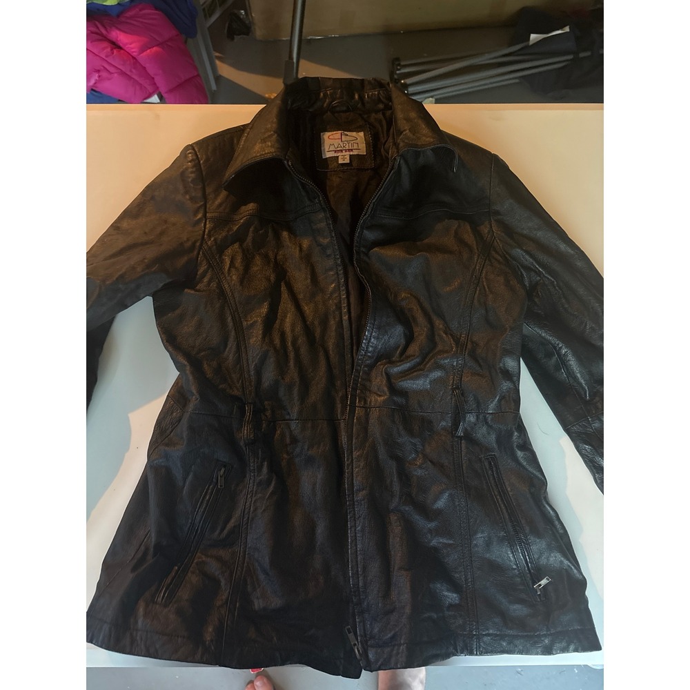 CB Martin For Her Black Leather Jacket Zip Front Mid Length Coat Womens Medium